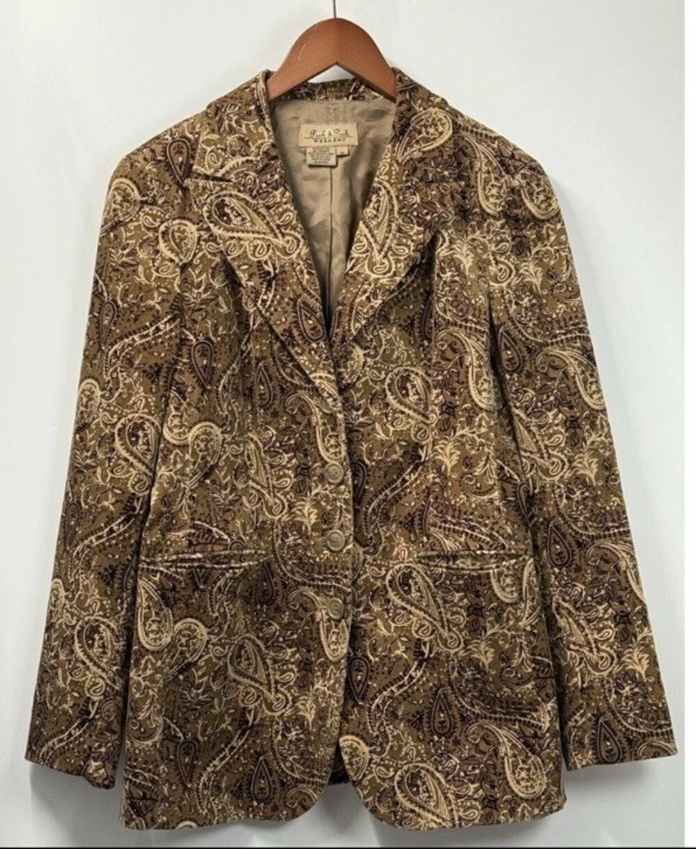 Peck & Peck Women’s Size 10 Paisley Corduroy Blazer Brown Lined Button Front